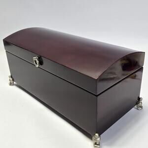 Vintage Wooden Jewelry Box Mahogany Finish Curved Lid Mirror Compartments Ornate